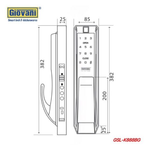 Kích thước của Khóa điện tử thông minh Giovani GSL-K888BG