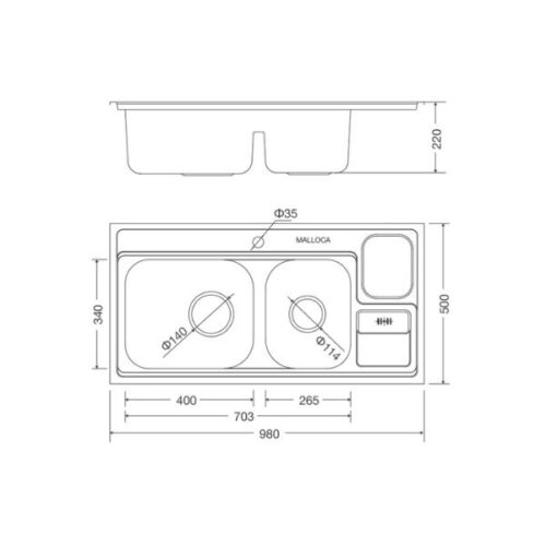 Kích thước của Chậu rửa bát Malloca MS 8809 N