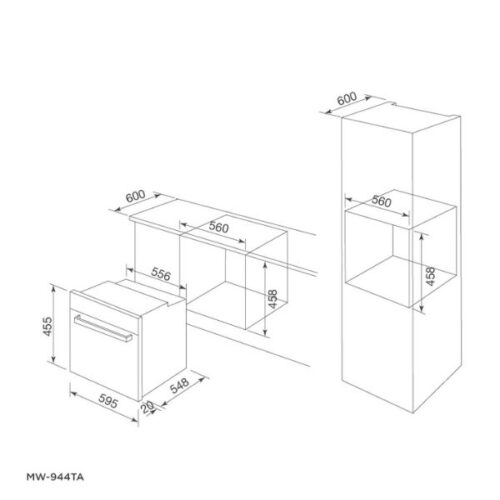 Kích thước của Lò nướng kết hợp vi sóng âm tủ Malloca MW-944TF