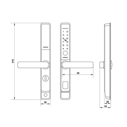 Kích thước khóa điện tử cửa nhôm DL6600 Hafele 912.20.145