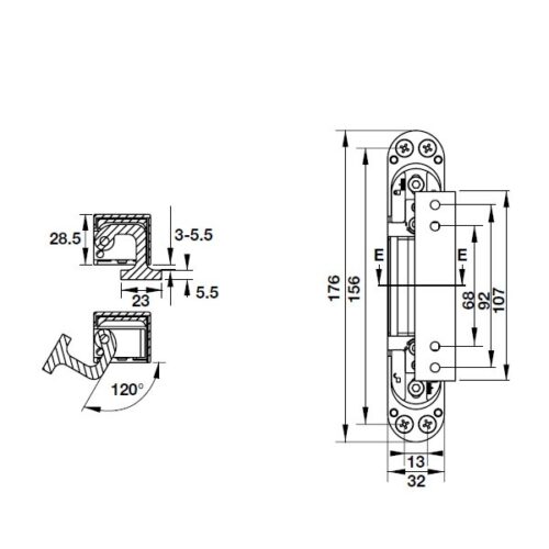 Kích thước của Bản lề âm 3D cho cửa 80Kg Hafele 927.03.049