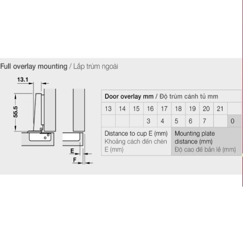 Kích thước của Bản lề không bật Hafele – trùm nữa 315.31.551