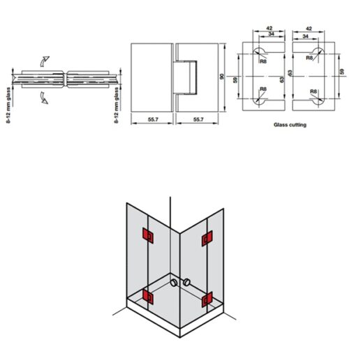 Kích thước của Bản lề kính - kính 180º màu đen Hafele 981.77.903