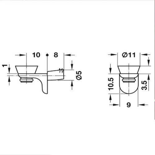 Kích thước của Bas đỡ kệ kính lắp nhấn Hafele 282.24.732