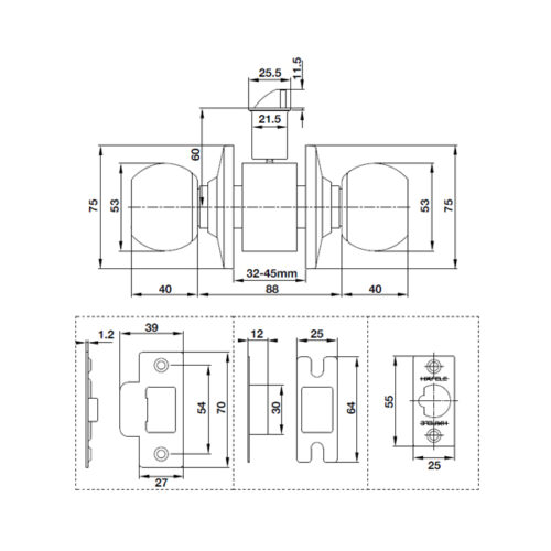 Kích thước của Bộ khóa tay nắm tròn cửa WC Hafele 489.93.135