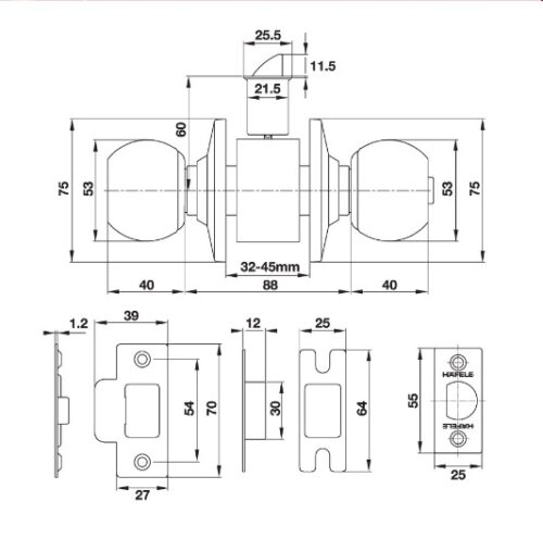 Kích thước của Bộ khóa tay nắm tròn cửa WC Hafele 489.93.137