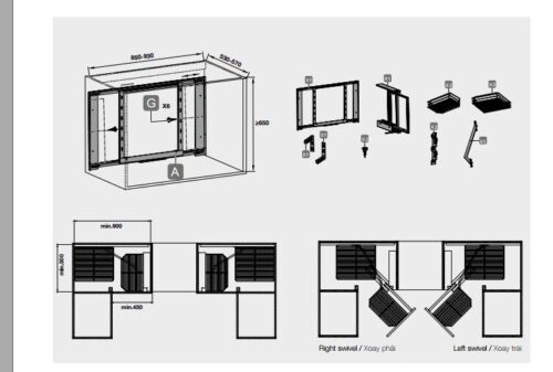 Kích thước của Bộ rổ góc gắn cánh trước, mở phải Clearance Hafele 548.21.002