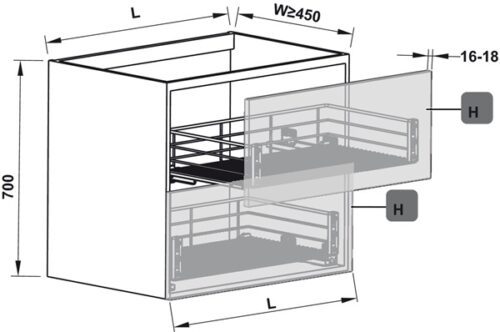 Kích thước của Bộ rổ kéo gắn với cánh Hafele 549.03.144 cho tủ rộng 600mm