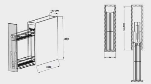 Kích thước của Bộ rổ kéo Hafele 549.34.021 cho tủ hẹp 200mm