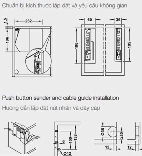 Kích thước của Bộ tay nâng Free Llap 3.15 E Hafele 372.29.702 nắp trắng