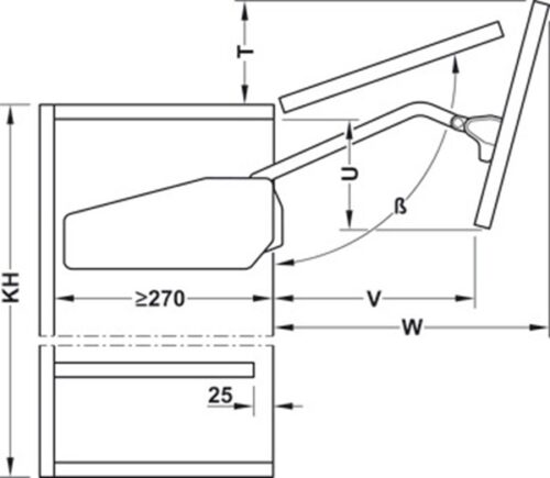 Kích thước của Bộ tay nâng Free Fold Short Hafele 493.05.730