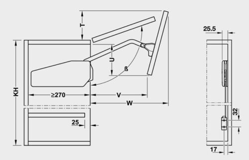 Kích thước của Bộ tay nâng Free Fold Short Hafele 493.05.733