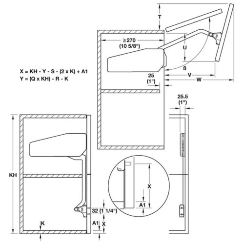 Kích thước của Bộ tay nâng Free Fold Short Hafele 493.05.734