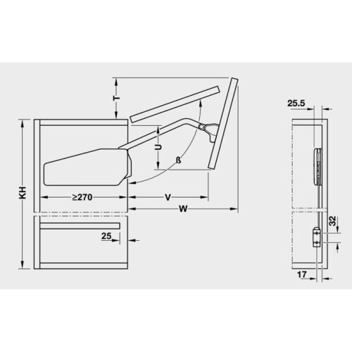 Kích thước của Bộ tay nâng Free Fold Short Hafele 493.05.735