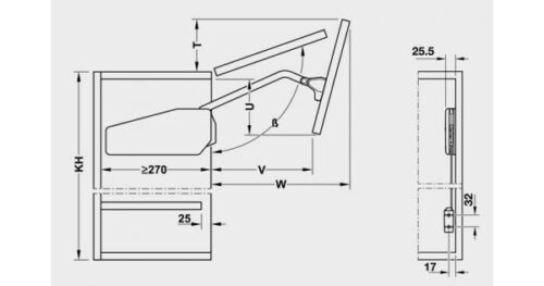 Kích thước của Bộ tay nâng Free Fold Short Hafele 493.05.739