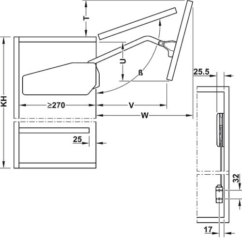 Kích thước của Bộ tay nâng Free Fold Short Hafele 493.05.741