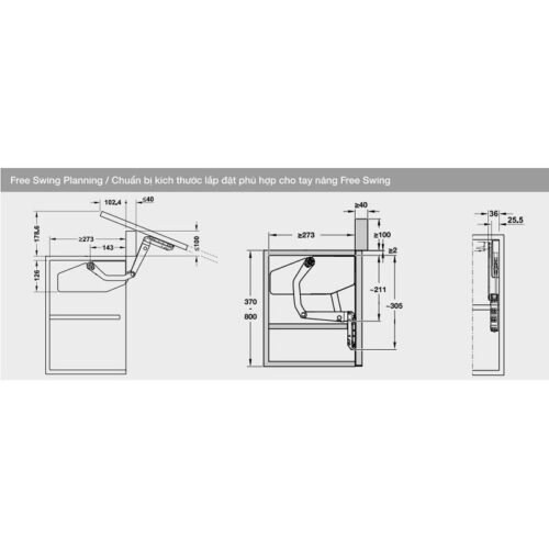 Kích thước của Bộ tay nâng Free Swing Hafele 493.05.763, trắng