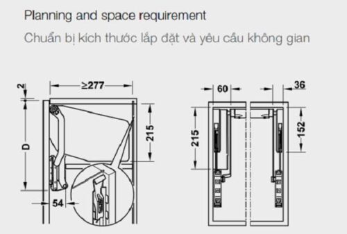 Kích thước của Bộ tay nâng Free Up E Hafele 372.29.708 nắp trắng