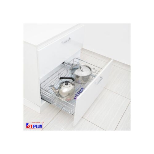 Giá xoong nồi nan tròn Inox mờ, ray giảm chấn Kit Plus DG70S