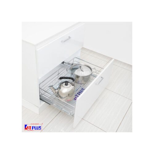 Giá xoong nồi nan tròn Inox mờ, ray giảm chấn Kit Plus DG90S