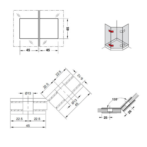 Kích thước của Kẹp kính - kính phòng tắm 135º Hafele 981.77.914