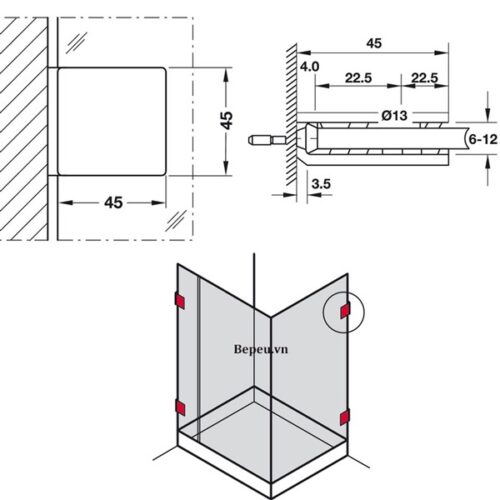 Kích thước của Kẹp kính tường 90º phòng tắm kính Hafele 981.77.918