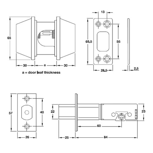 Kích thước của Khóa cóc 2 đầu chìa loại lớn Hafele 911.64.278