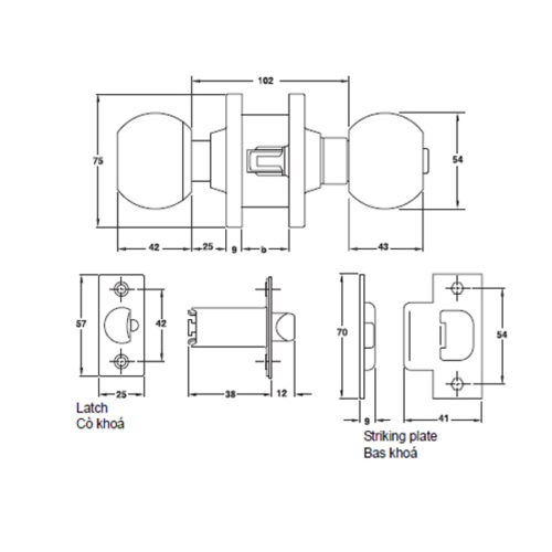 Kích thước của Khóa tay nắm tròn cho nhà vệ sinh Hafele 911.64.684