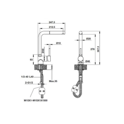 Kích thước Vòi Rửa Chén Hafele HT19-GH1F270 570.51.380