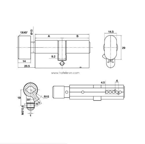 Kích thước của Ruột khóa 1 đầu chìa 1 đầu vặn 71mm Hafele 489.56.004