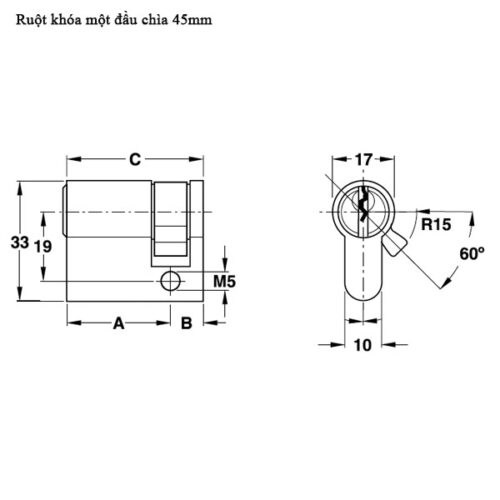 Kích thước của Ruột khóa 1 đầu chìa 45mm Hafele 916.63.363