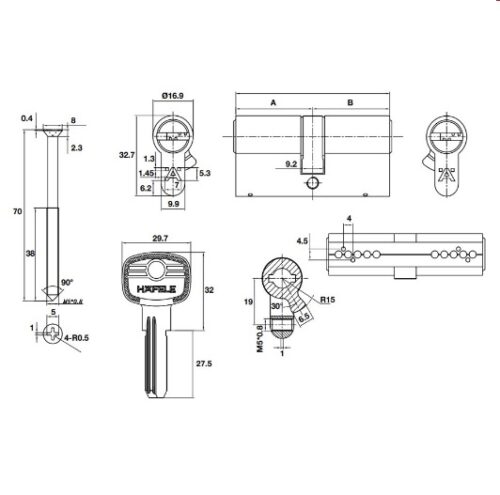 Kích thước của Ruột khóa 2 đầu chìa 65mm Hafele 489.56.002