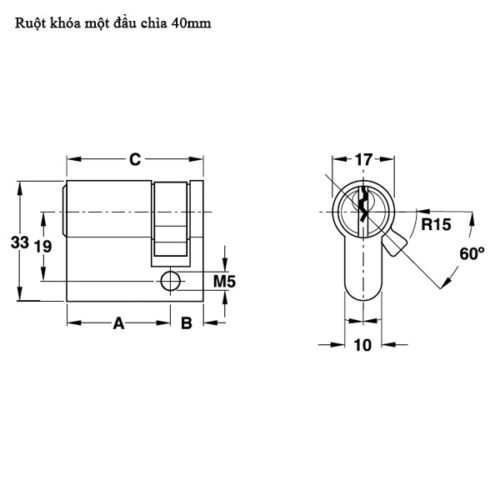 Kích thước của Ruột khóa 40mm một đầu chìa Hafele 916.63.361