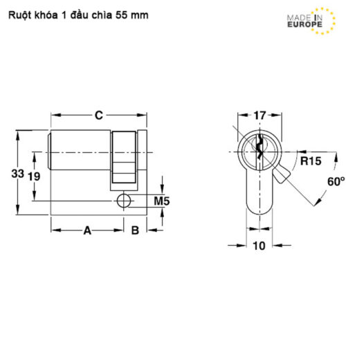 Ruột khóa 1 đầu Hafele 916.96.139, 55mm Đồng thau