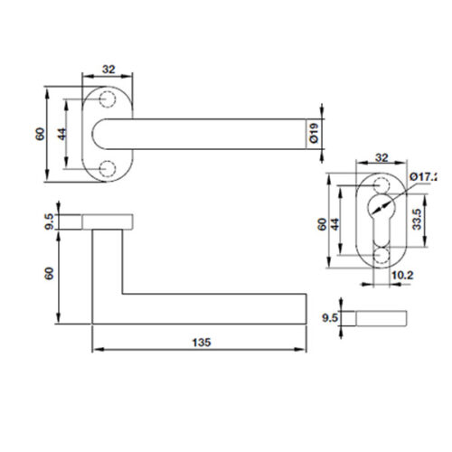 Kích thước của Tay nắm gạt có nắp che Inox 304 Hafele 903.80.004