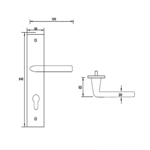 Kích thước của Tay nắm gạt đế dài mở phải C/C 72mm Hafele 903.78.589