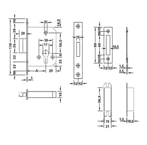 Kích thước của Thân khóa chốt chết Hafele 911.22.386