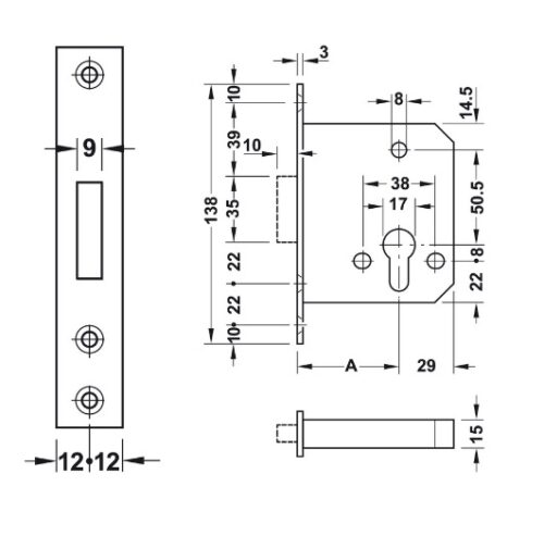 Kích thước của Thân khóa chốt chết Hafele màu đồng rêu 911.22.881