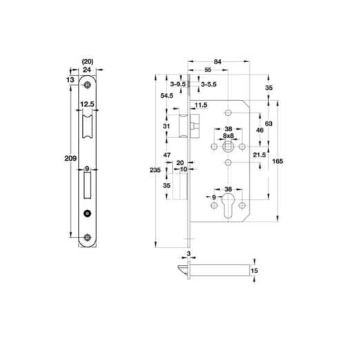 Kích thước của Thân khóa lưỡi gà chốt chết C/C 72mm Hafele 911.02.799