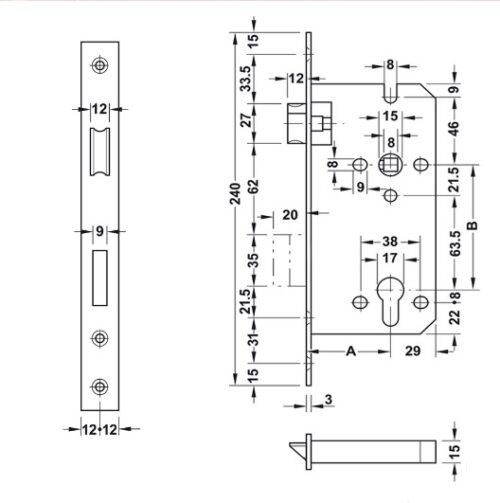 Kích thước của Thân khóa lưỡi gà chốt chết C/C 85mm Hafele 911.02.069