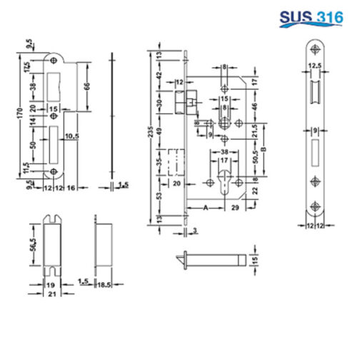 Kích thước của Thân khóa lưỡi gà chốt chết Inox 316 Hafele 911.25.402