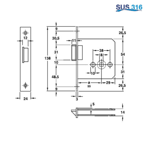 Kích thước của Thân khóa lưỡi gà Hafele 911.23.438