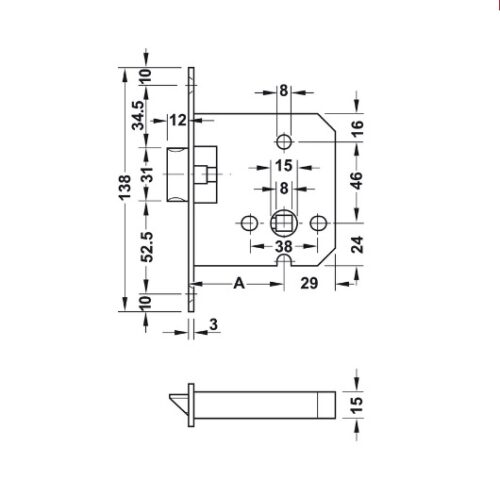 Kích thước của Thân khóa lưỡi gà Hafele 911.23.861