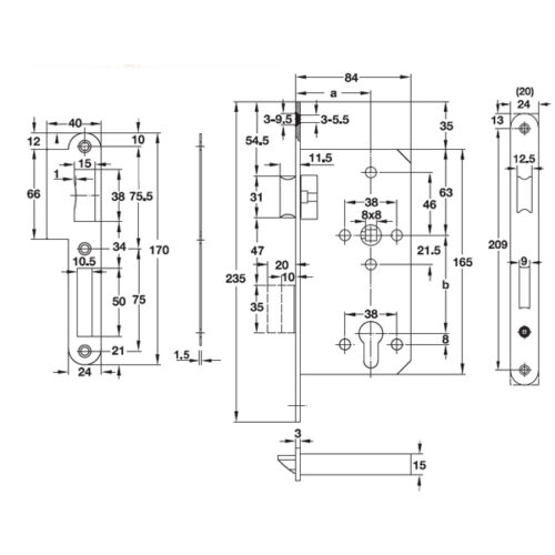 Kích thước của Thân khóa lưỡi gà và chốt chết E55/72A Hafele 911.25.100