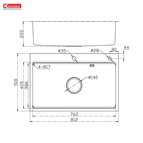 Kích thước chậu rửa bát chống xước Konox Workstation Sink – Topmount Sink KN8151TS Dekor