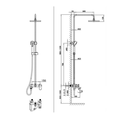 Kích thước sen cây tắm nóng lạnh Paul Schmitt PA502R