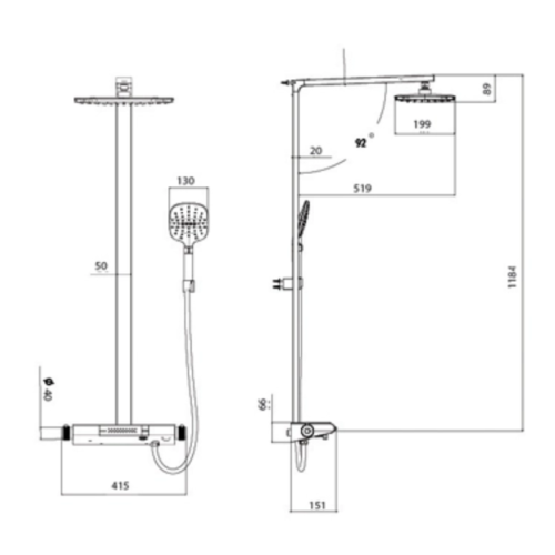 Kích thước sen cây tắm nóng lạnh Paul Schmitt PA509R