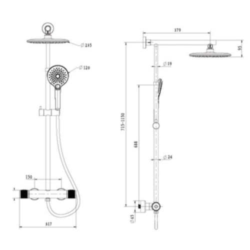 Kích thước sen cây tắm nóng lạnh Paul Schmitt PA513R