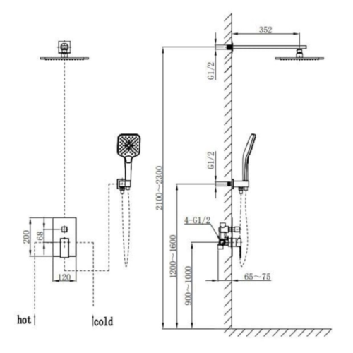 Kích thước sen tắm âm tường nóng lạnh Paul Schmitt PA602W