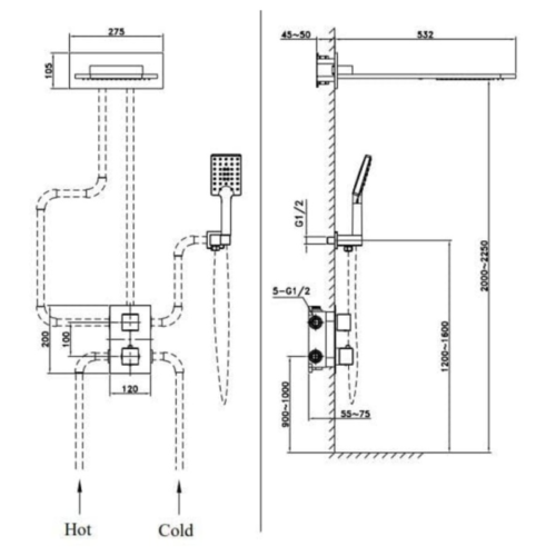 Kích thước sen tắm âm tường nóng lạnh Paul Schmitt PA604W